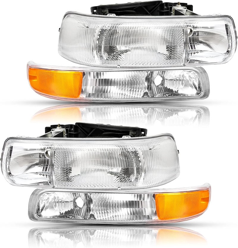 APSVE Chrome Housing Headlights Replacement for 99-02 Chevy Silverado 00-06 Suburban Tahoe, Amber Side Clear Lens - Image 1